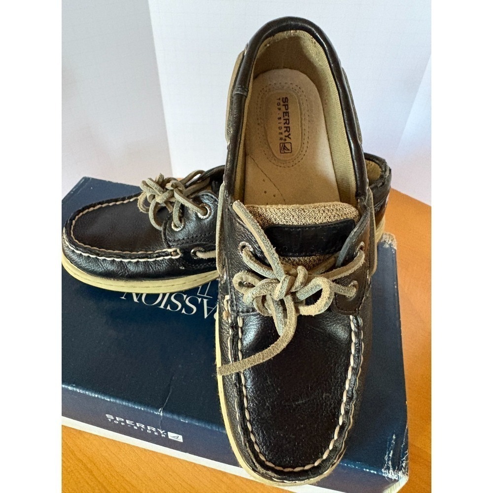 Sperry Top-Sider Boat Shoes Black Leather Canvas/Woven Sides Women 6.5M - Picture 2 of 16